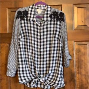 Mixed gingham tie front button down